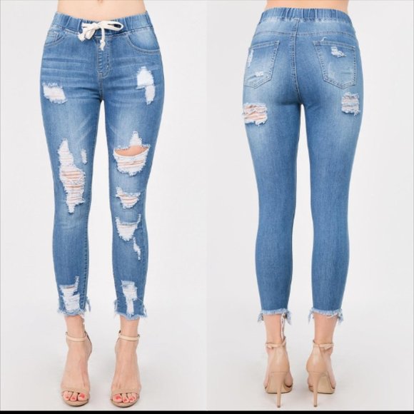 Distressed Skinny Denim Joggers - Picture 2 of 5